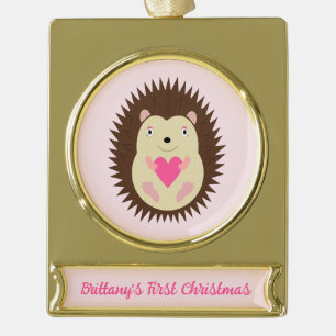 Pretty Pink Baby Girl Hedgehog Custom Gold Plated Banner Ornament