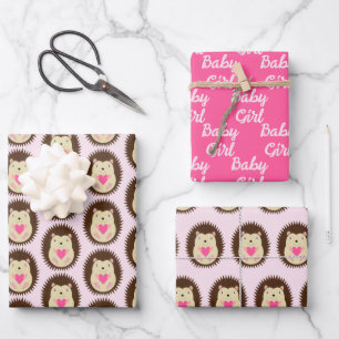 Pretty Pink Baby Girl Hedgehog New Baby Wrapping Paper Sheet