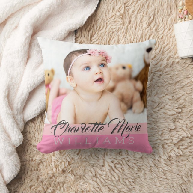 Pretty Pink Baby Girl Keepsake Birth Stats Photo Cushion (Blanket)