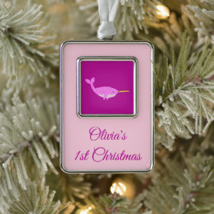 Pretty Pink Baby Girl Narwhal 1st Christmas Custom Silver Plated Framed Ornament