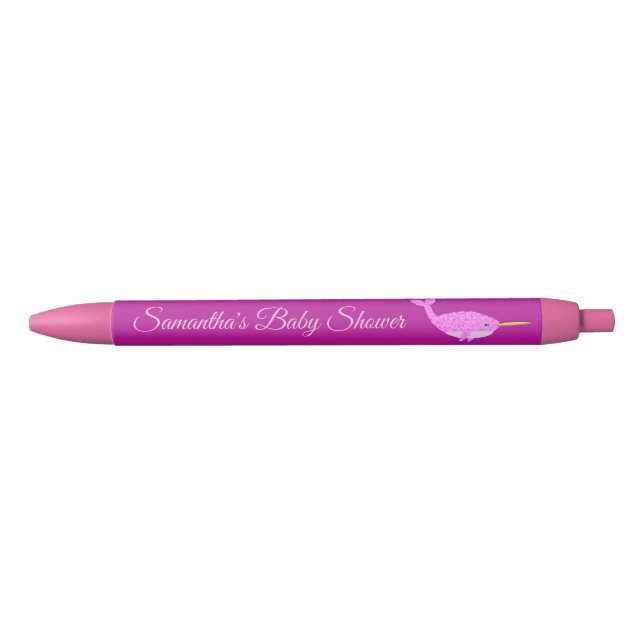 Pretty Pink Baby Girl Narwhal Baby Shower Custom Blue Ink Pen (Front)