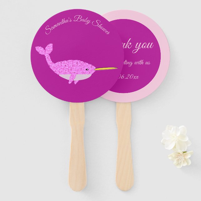 Pretty Pink Baby Girl Narwhal Baby Shower Custom Hand Fan (Front and Back)