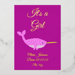 Pretty Pink Baby Girl Narwhal Birth Announcement