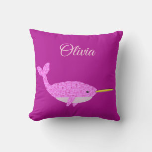 Pretty Pink Baby Girl Narwhal Custom Name Cushion