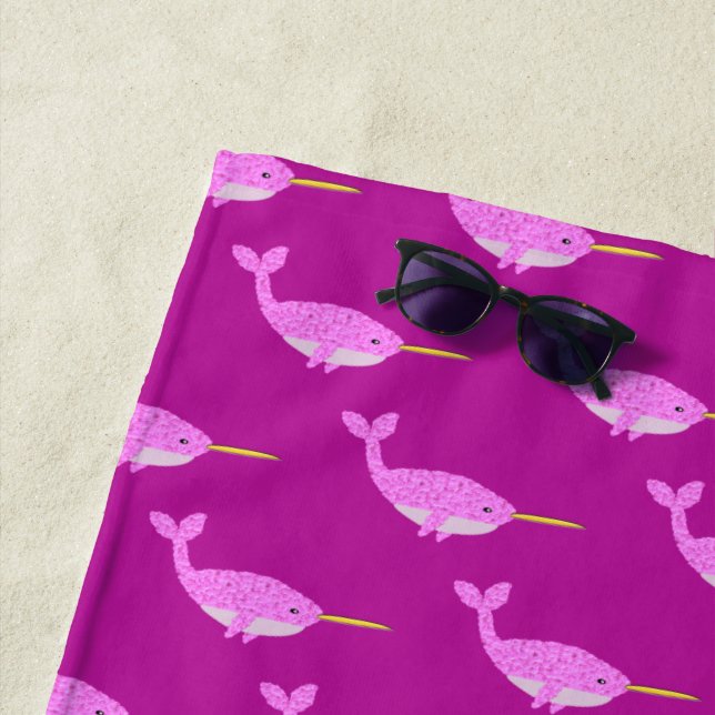 Pretty Pink Baby Girl Narwhal Patterned Beach Towel (In Situ)