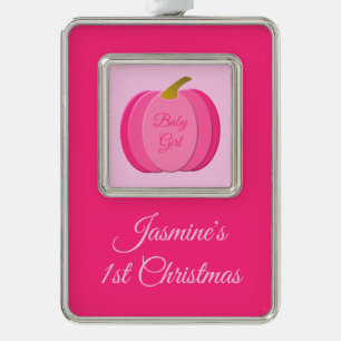 Pretty Pink Baby Girl Pumpkin Custom 1st Christmas Silver Plated Framed Ornament