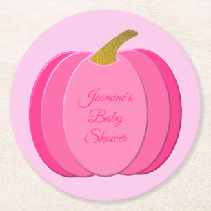 Pretty Pink Baby Girl Pumpkin Custom Baby Shower Round Paper Coaster