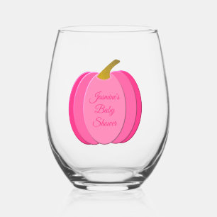 Pretty Pink Baby Girl Pumpkin Custom Baby Shower Stemless Wine Glass