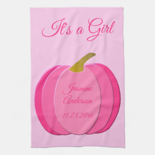 Pretty Pink Baby Girl Pumpkin Custom Tea Towel