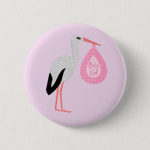 Pretty Pink Baby Girl Stork 6 Cm Round Badge