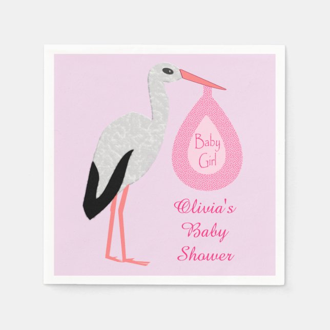 Pretty Pink Baby Girl Stork Baby Shower Custom Napkin (Front)