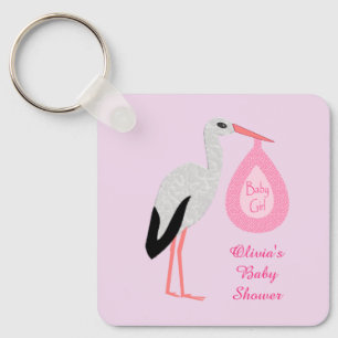 Pretty Pink Baby Girl Stork Baby Shower Keychain