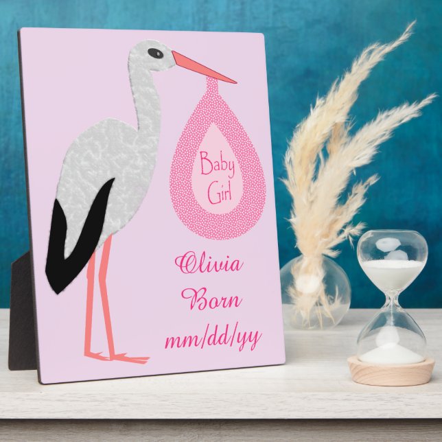 Pretty Pink Baby Girl Stork Birth Announcement Plaque (Side)