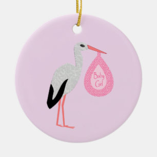 Pretty Pink Baby Girl Stork Ceramic Tree Decoration