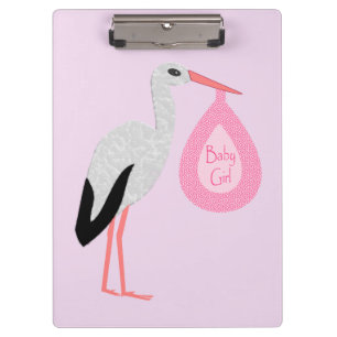 Pretty Pink Baby Girl Stork Clipboard