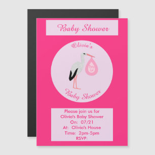 Pretty Pink Baby Girl Stork Custom Baby Shower Magnetic Invitation