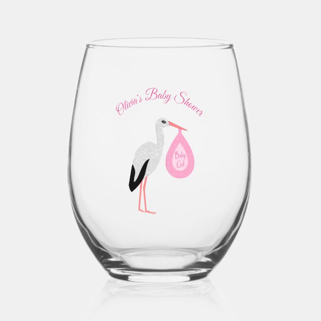 Pretty Pink Baby Girl Stork Custom Baby Shower Stemless Wine Glass (Front)