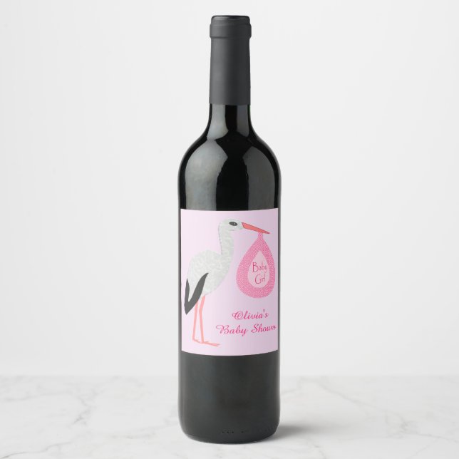 Pretty Pink Baby Girl Stork Custom Baby Shower Wine Label (Front)
