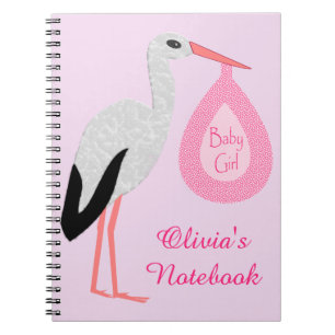 Pretty Pink Baby Girl Stork Custom Notebook