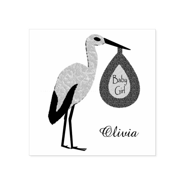 Pretty Pink Baby Girl Stork Custom Rubber Stamp (Imprint)
