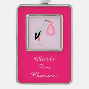 Pretty Pink Baby Girl Stork First Christmas Silver Plated Framed Ornament