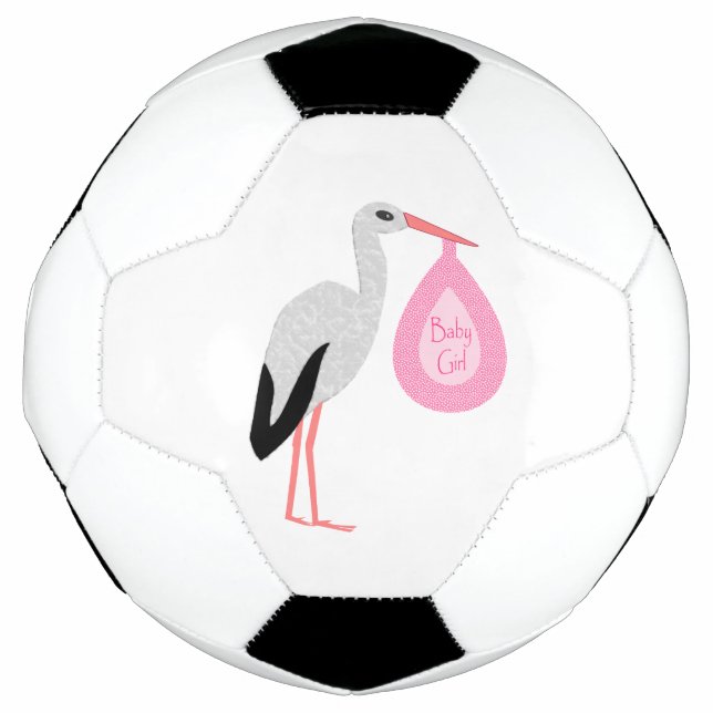 Pretty Pink Baby Girl Stork Soccer Ball (Front)