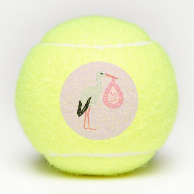 Pretty Pink Baby Girl Stork Tennis Balls (Front)