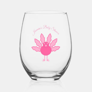 Pretty Pink Baby Girl Thanksgiving Turkey Custom Stemless Wine Glass