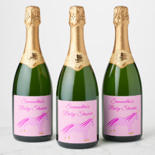 Pretty Pink Baby Girl Unicorn Baby Shower Custom Sparkling Wine Label
