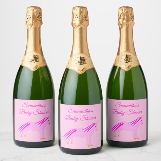 Pretty Pink Baby Girl Unicorn Baby Shower Custom Sparkling Wine Label (Bottles)
