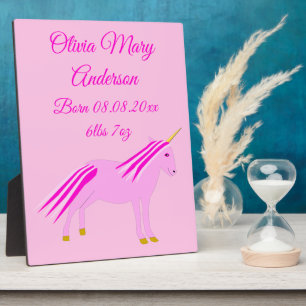 Pretty Pink Baby Girl Unicorn Birth Announcement Plaque