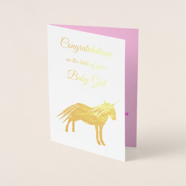 Pretty Pink Baby Girl Unicorn Congratulations Foil Card (Front)