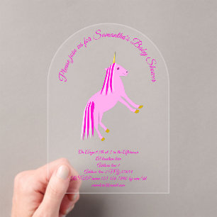 Pretty Pink Baby Girl Unicorn Custom Baby Shower Acrylic Invitations