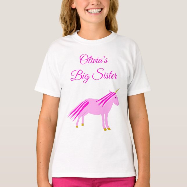 Pretty Pink Baby Girl Unicorn Custom Big Sister T-Shirt (Front)