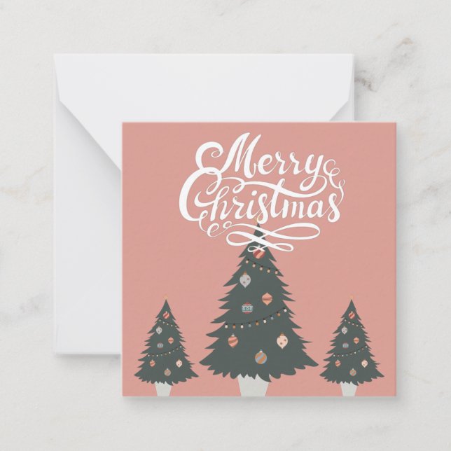 Pretty pink backgroun modern script tree Christmas Card (Front)