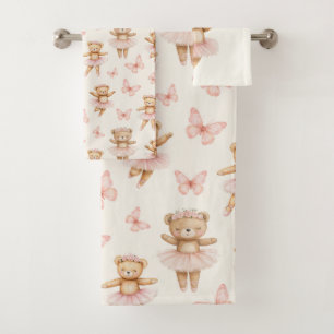 Pretty pink ballerina bear and butterflies bath towel set