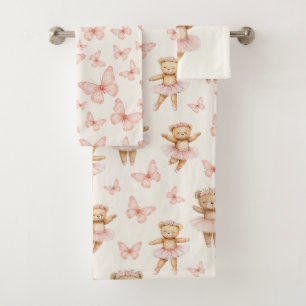 Pretty pink ballerina bear and butterflies bath towel set