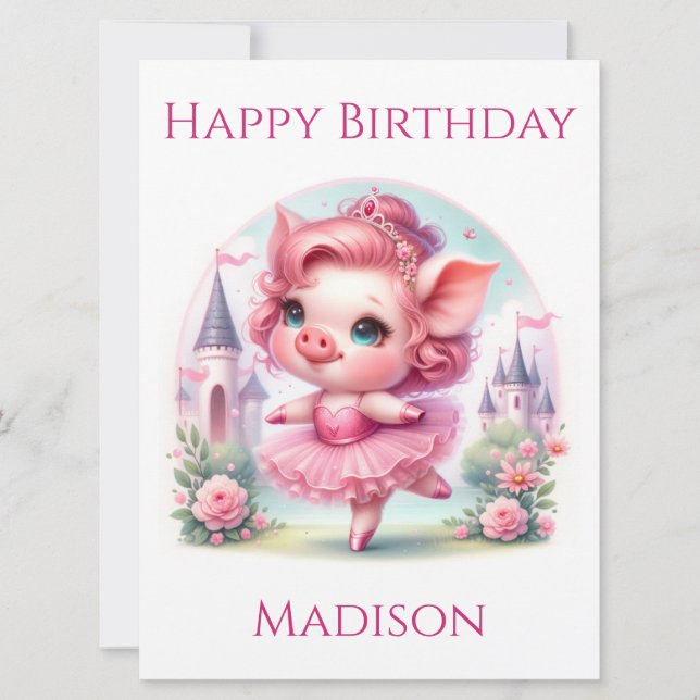 Pretty Pink Ballerina Pig Birthday Card (Front)