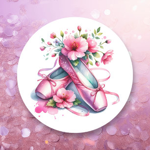Pretty Pink Ballet Shoes and Flowers Classic Round Sticker