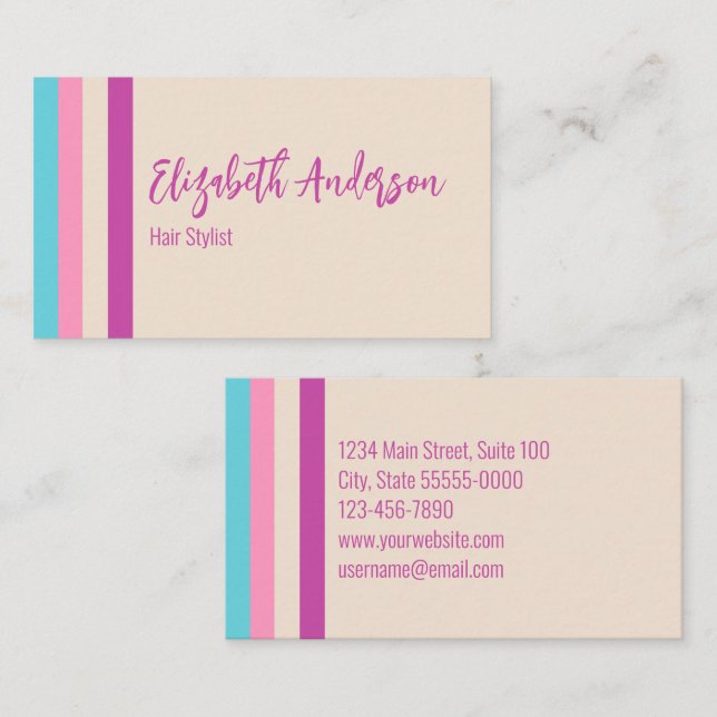 Pretty Pink Beige and Blue Stripes Hair Stylist Business Card (Front/Back)