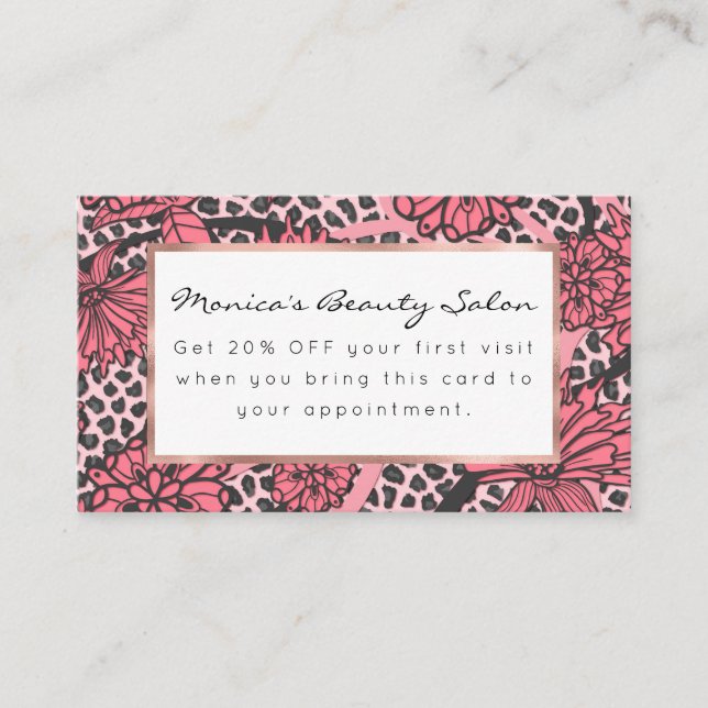 Pretty Pink Black Floral Leopard Print Pattern Discount Card (Front)