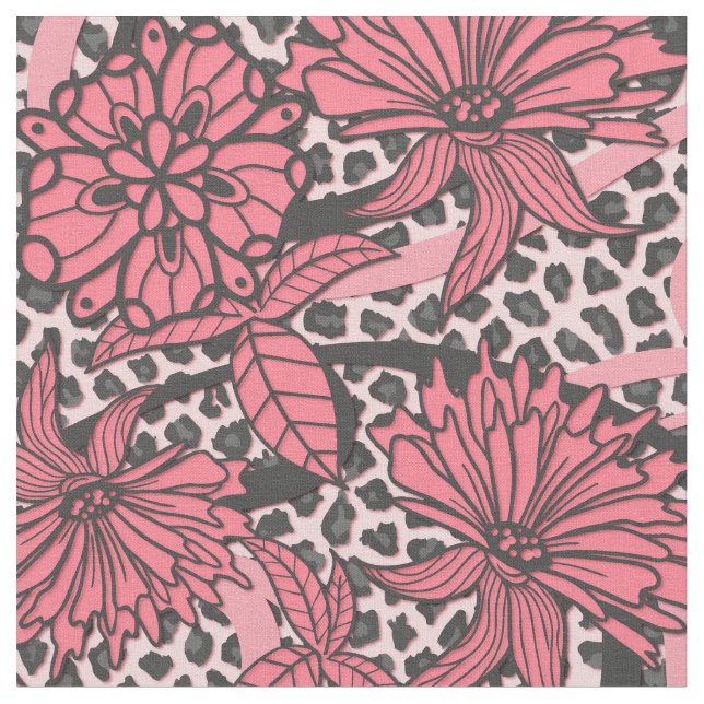 Pretty Pink Black Floral Leopard Print Pattern Fabric (Close Up)
