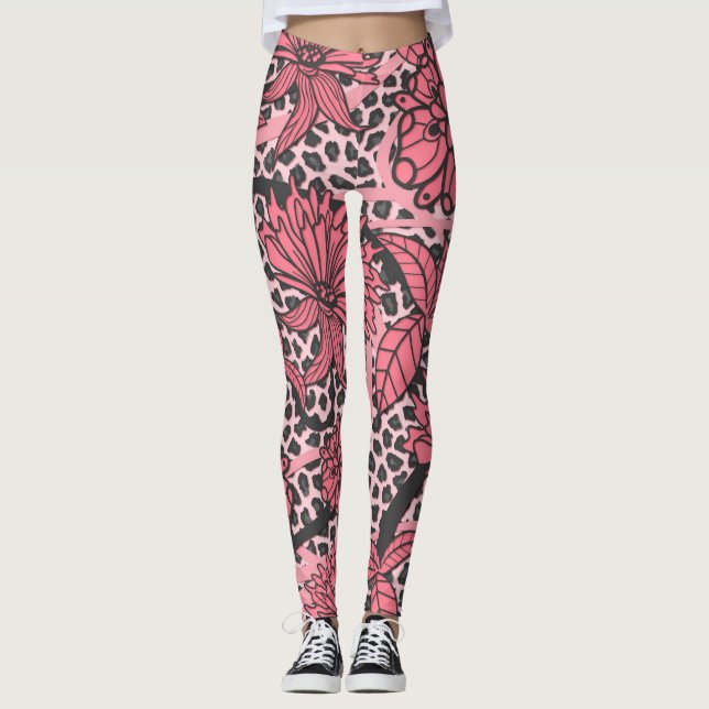 Pretty Pink Black Floral Leopard Print Pattern Leggings (Front)