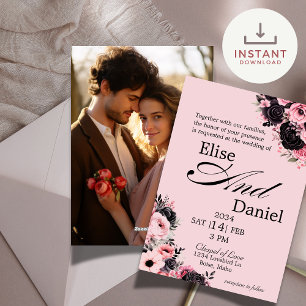 Pretty Pink & Black Floral Wedding Invitation