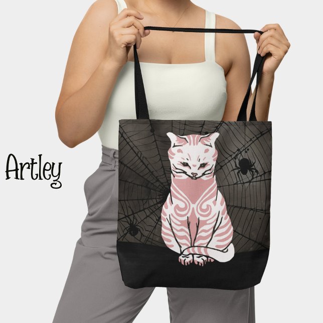 Pretty Pink Black Goth Cat Spider Web  Tote Bag (Creator Uploaded)