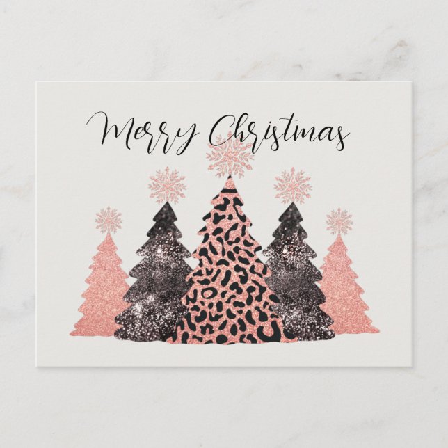 Pretty Pink Black Merry Christmas Trees Holiday Postcard (Front)