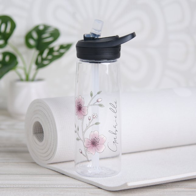 Pretty Pink Blossom Floral Name Yoga Water Bottle (Yoga)