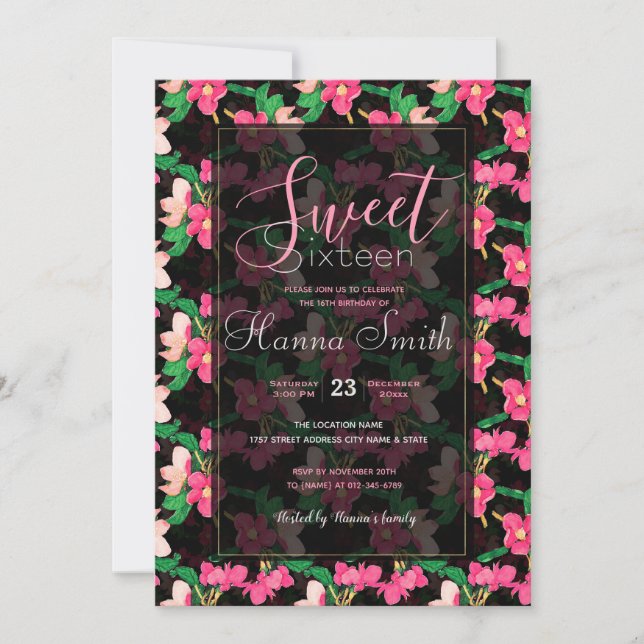 Pretty Pink Blossom Flowers Paint Black Design  Invitation (Front)