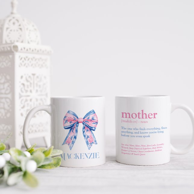 Pretty Pink & Blue Chinoiserie Bow Mother Coffee Mug (Pretty double sided mug with mother definition on one side and bow and moms name on the other)