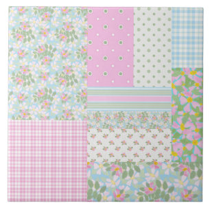 Pretty Pink Blue Dog Roses Faux Patchwork Tile